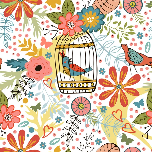 Elegant pattern with flowers, bird cages and birds — Stock Vector