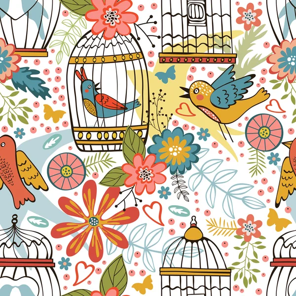 Çiçek, kuş kafesleri ve kuşlar ile zarif desen
