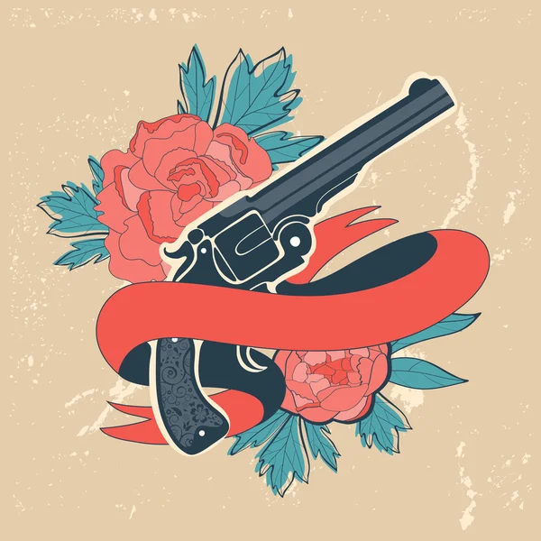 Klassieke revolvers en rozen embleem — Stockvector