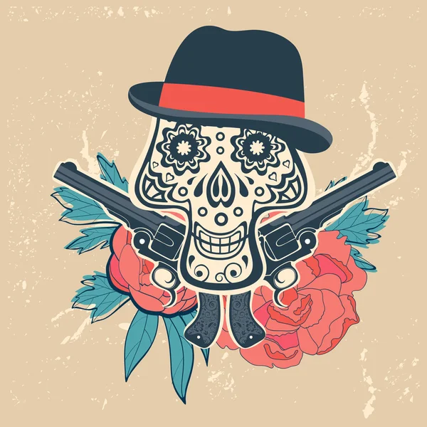 Calavera dibujada a mano con pistolas y flores en estilo vintage — Vector de stock