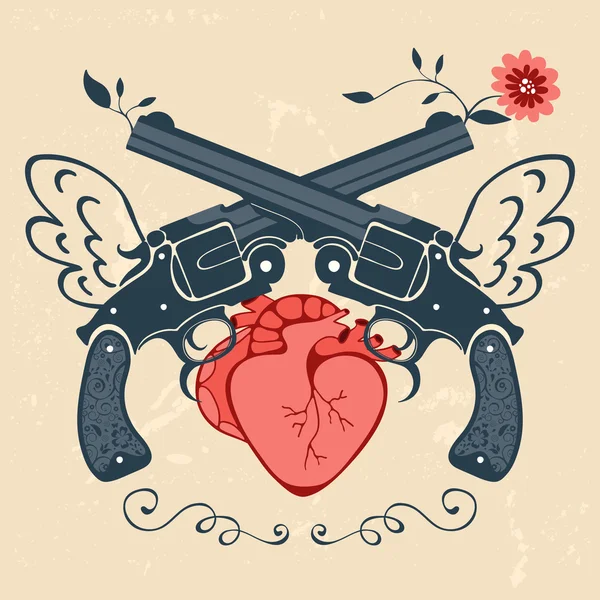 Vintage tarzı amblemi ile insan kalbi ve iki revolverler — Stok Vektör