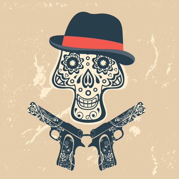 Calavera dibujada a mano con pistolas sobre un fondo grueso en estilo vintage — Vector de stock