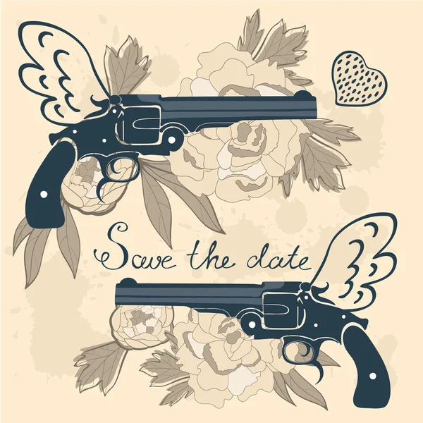 Save the date card with two flying guns and flowers — Stock Vector