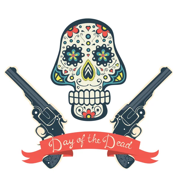 Cukru czaszki z pistoletami Day of The Dead, Vintage karty — Wektor stockowy