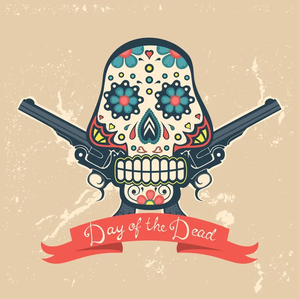 El día de la tarjeta muerta con la calavera de época y las armas — Vector de stock