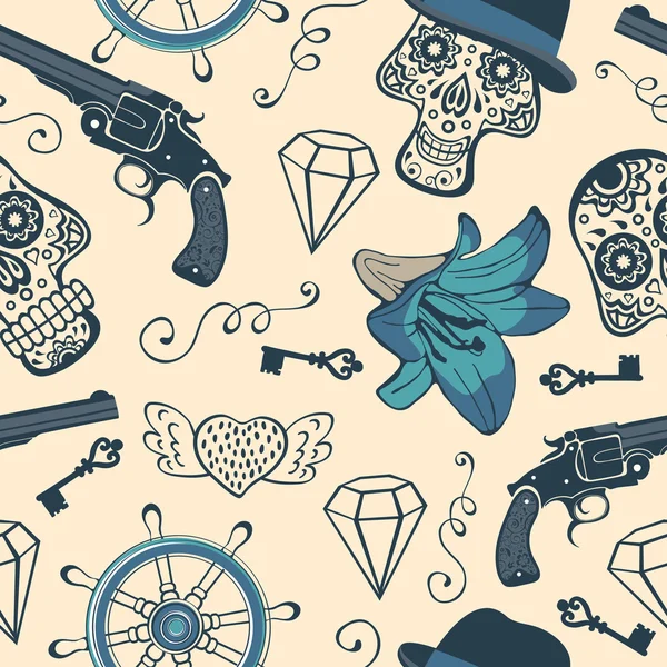 Kleurrijke naadloze patroon met geweren, diamanten en bloemen. — Stockvector
