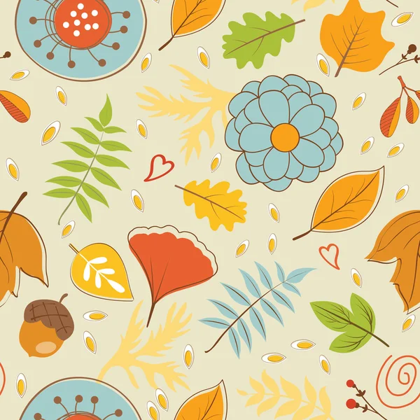 Patrón de otoño colorido con hojas y flores — Vector de stock