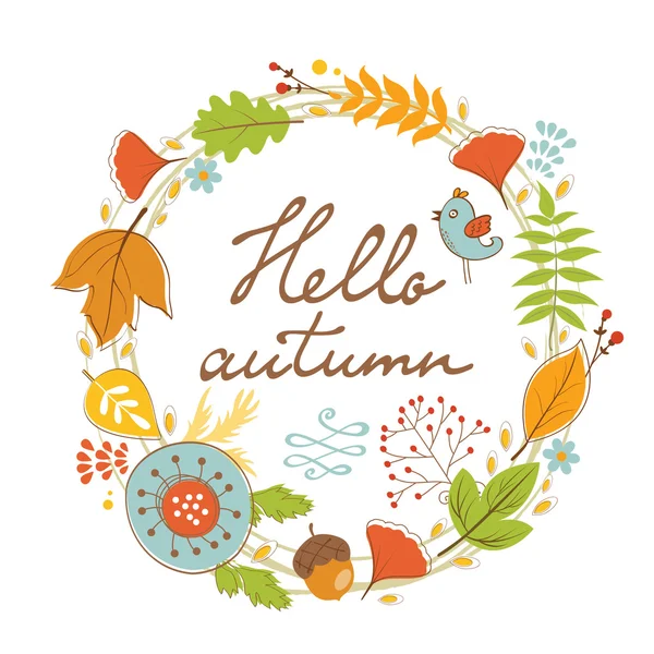 Hermosa tarjeta de otoño hola con corona — Vector de stock