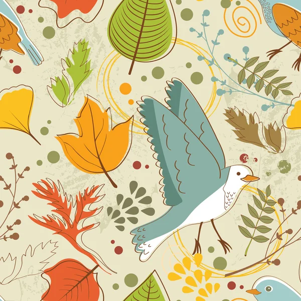 Autumn pattern with birds, flowers and leaves — Stock Vector