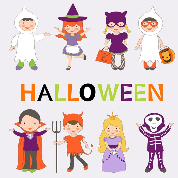 Lindo conjunto de niños de Halloween colorido — Vector de stock