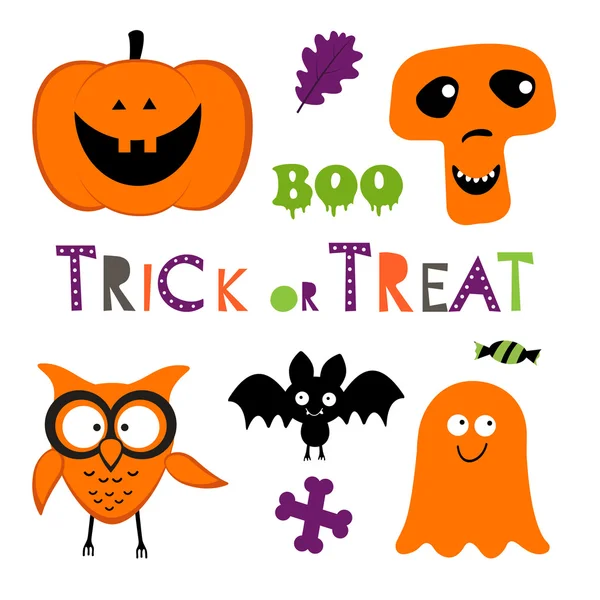 Leuke halloween set met pompoen, uil, vleermuis, ghost en schedel — Stockvector