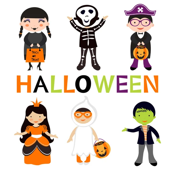 Şirin renkli Halloween kümesi çocuklar — Stok Vektör