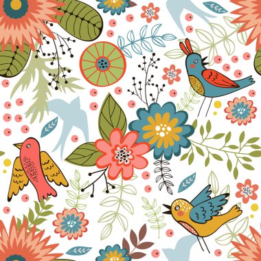 Kuş ve çiçek açan çiçekler ile renkli seamless modeli