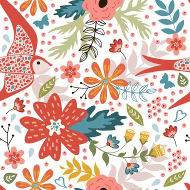 Kuş ve çiçek açan çiçekler ile renkli seamless modeli