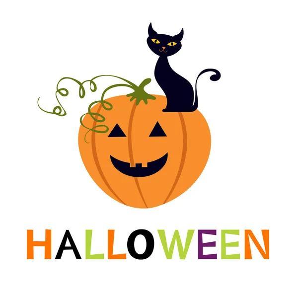 Cartão de Halloween com gato bonito preto e abóbora. ilustração vetorial — Vetor de Stock