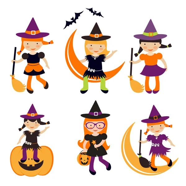 Cute collection of little Halloween witches — Stock Vector