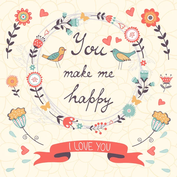 You make me happy romantic card with birds and flowers — Stock Vector