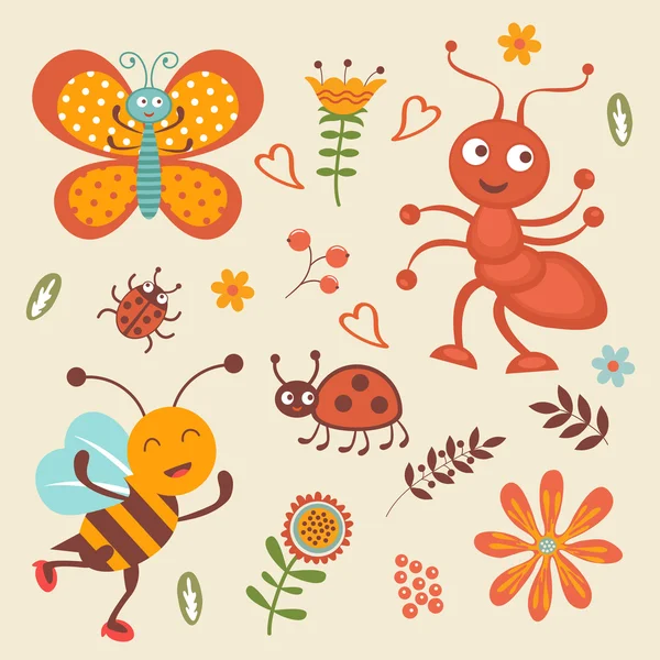 Linda colección de pequeños insectos felices — Vector de stock