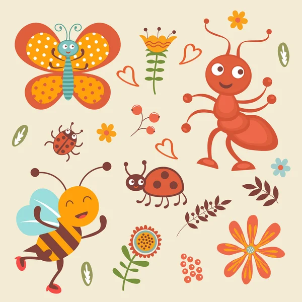Cute collection of happy little bugs — Stock Vector
