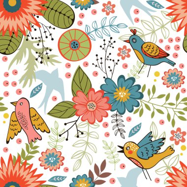 Kuş ve çiçek açan çiçekler ile renkli seamless modeli