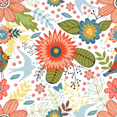 Kuş ve çiçek açan çiçekler ile renkli seamless modeli