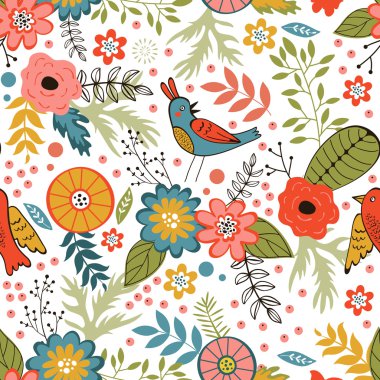 Kuş ve çiçek açan çiçekler ile renkli seamless modeli