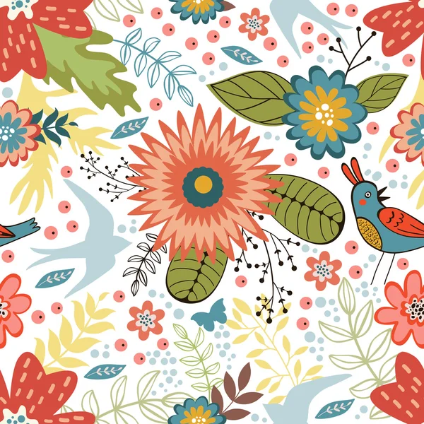 Patrón inconsútil colorido con pájaros y flores en flor — Vector de stock