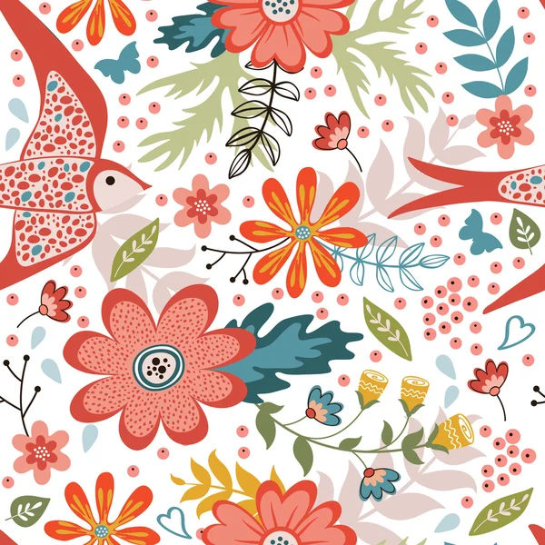 Colorful seamless pattern with birds and blooming flowers — Stock Vector