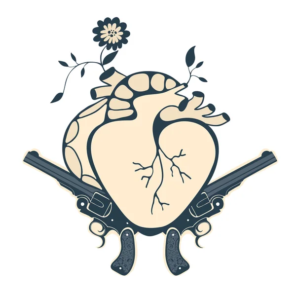 Vintage style emblem with human heart and two revolvers — Stock Vector
