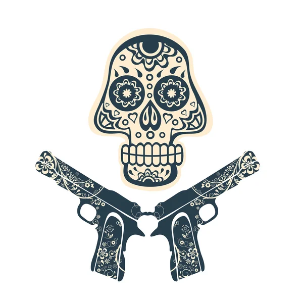 Hand drawn skull with guns on a grungy background in vintage style — Stock Vector