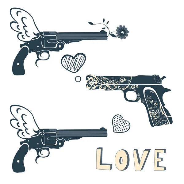 Láska zbraně sada. Vintage emblémy s pistole střílet srdce — Stockový vektor