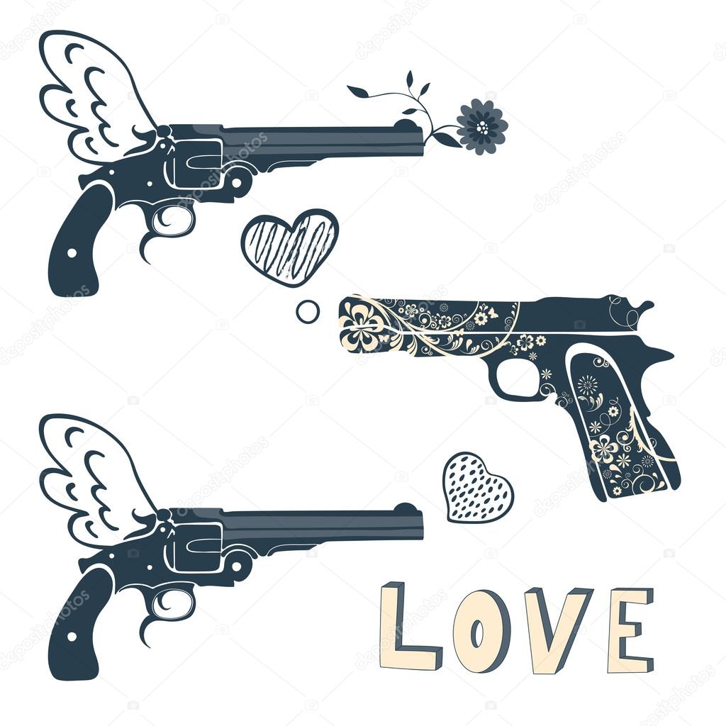 Love guns set. Vintage emblems with gun shooting a heart