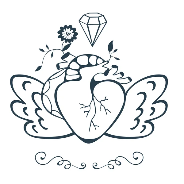 Emblème de style vintage avec cœur humain avec ailes — Image vectorielle