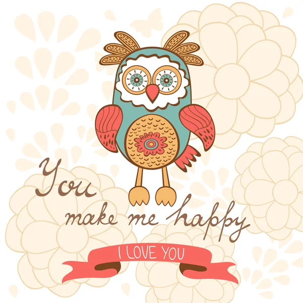 You make me happy romantic card with cute owl and flowers — Stock Vector