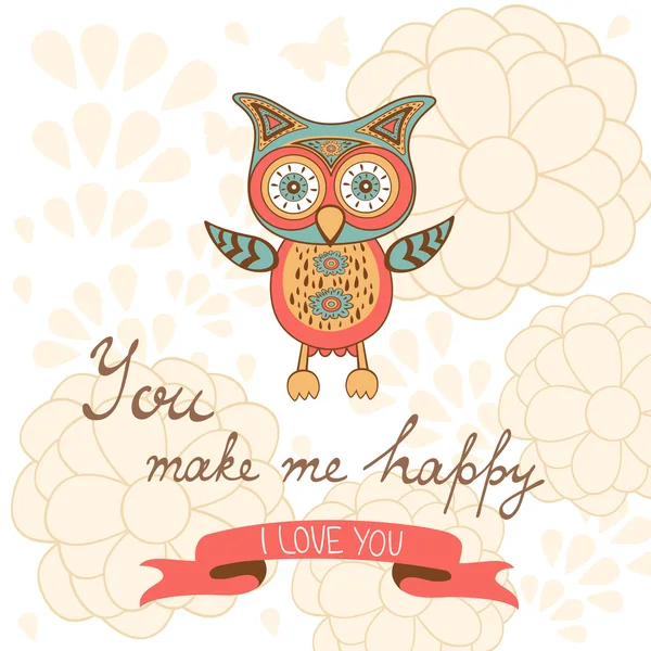 You make me happy romantic card with cute owl and flowers — Stock Vector