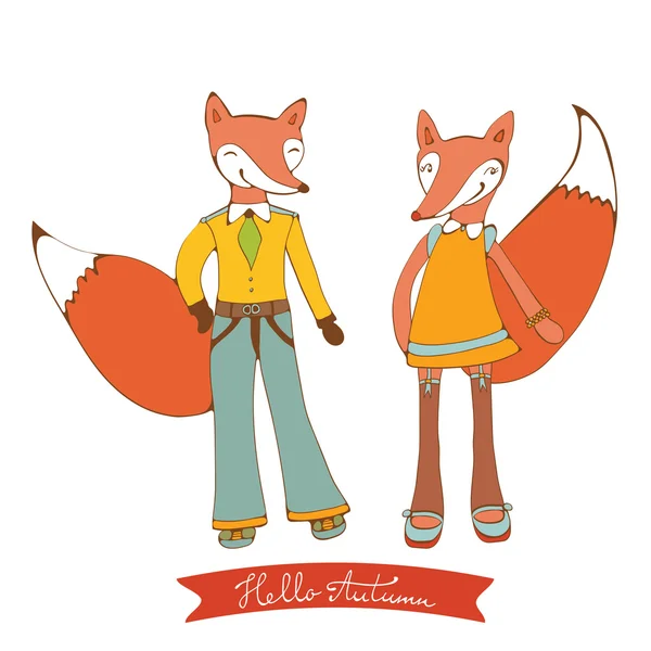 Ahoj podzimní elegantní kartu s dvojicí znaků roztomilý fox — Stockový vektor