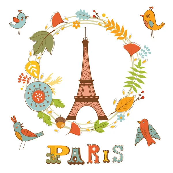 Herbst in Paris. elegante Karte mit Blumenkranz, Vögeln und Eiffelturm — Stockvektor