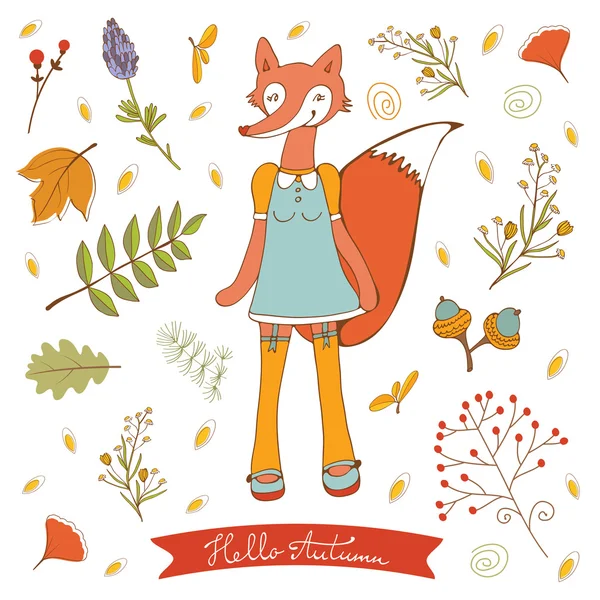 Hello autumn elegant card with cute fox character — Stock Vector