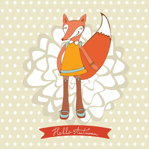 Hello autumn elegant card with cute fox character — Stock Vector