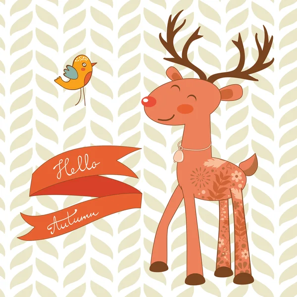 Hello autumn concept card with cute deer — Stock Vector