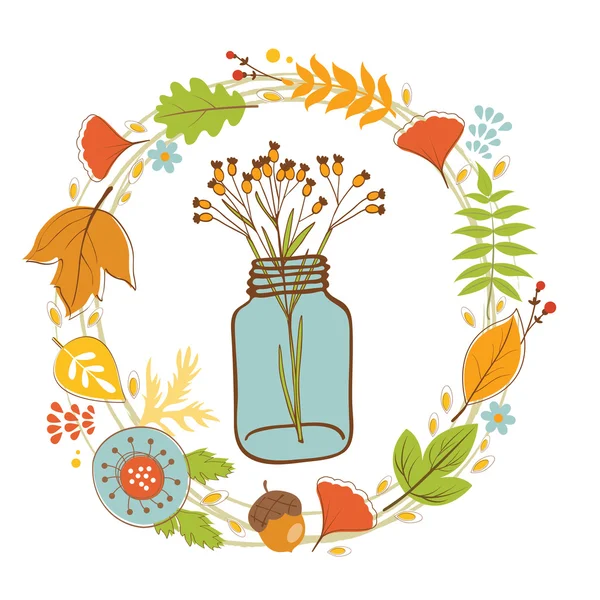 Wild flowers in a glass jar with floral wreath — Stock Vector