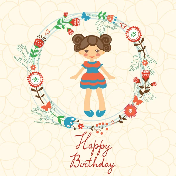 Симпатичная открытка с днем рождения со счастливой девушкой в цветочном венке — стоковый вектор