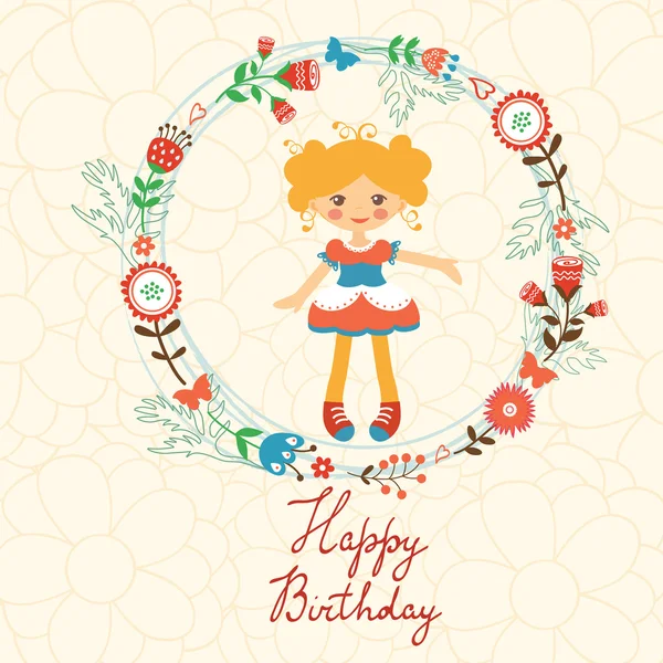 Cute Happy Birthday card with happy girl in floral wreath — Stock Vector