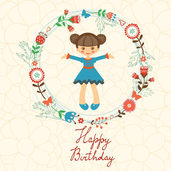 Cute Happy Birthday card with happy girl in floral wreath — Stock Vector