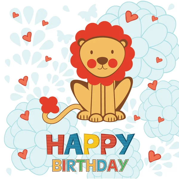 Linda tarjeta de cumpleaños feliz con león divertido — Vector de stock