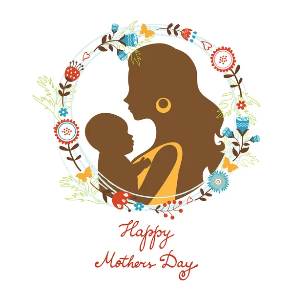 Beautiful mother with her baby silhouettes with floral wreath — Stock Vector