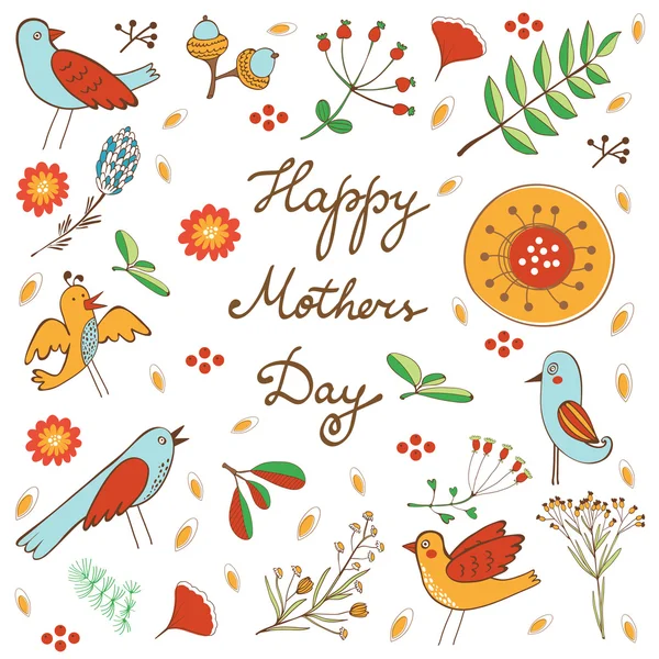 Happy Mothers Day card con fiori e uccelli — Vettoriale Stock