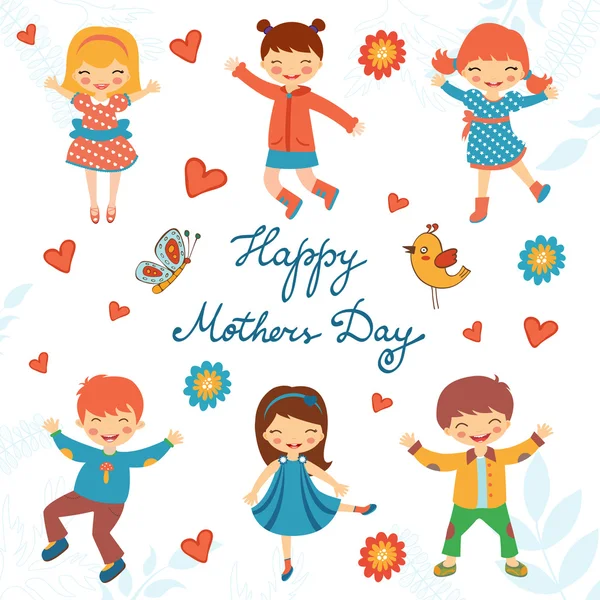 Happy κάρτα για τη γιορτή μητέρες με ευτυχής παιδιά άλμα — Διανυσματικό Αρχείο