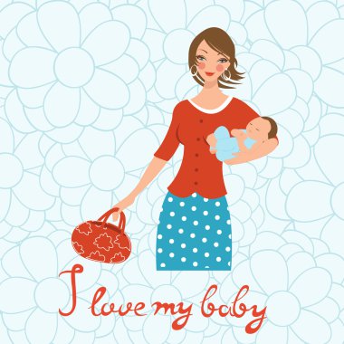 Ben mybaby seviyorum. Kavram kartı withbeautiful genç anne bir bebek tutan