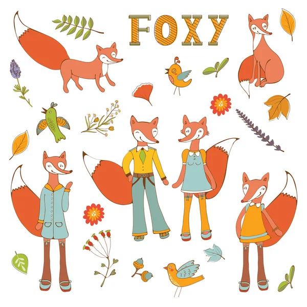 可爱的彩色狐狸字符组 — 图库矢量图片